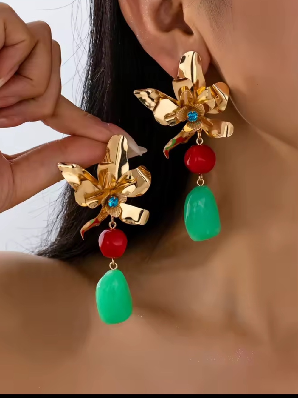Gold Floral Drop Earrings with Red and Green Accents
